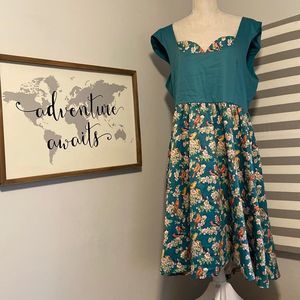 Lindy Bop Teal Floral Bird Print Vintage Retro Style Rosemary Dress Size 16